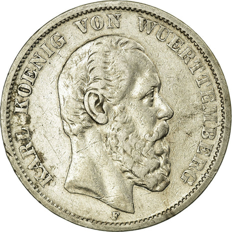 Coin, German States, WURTTEMBERG, Karl I, 5 Mark, 1875, Freudenstadt, EF(40-45)
