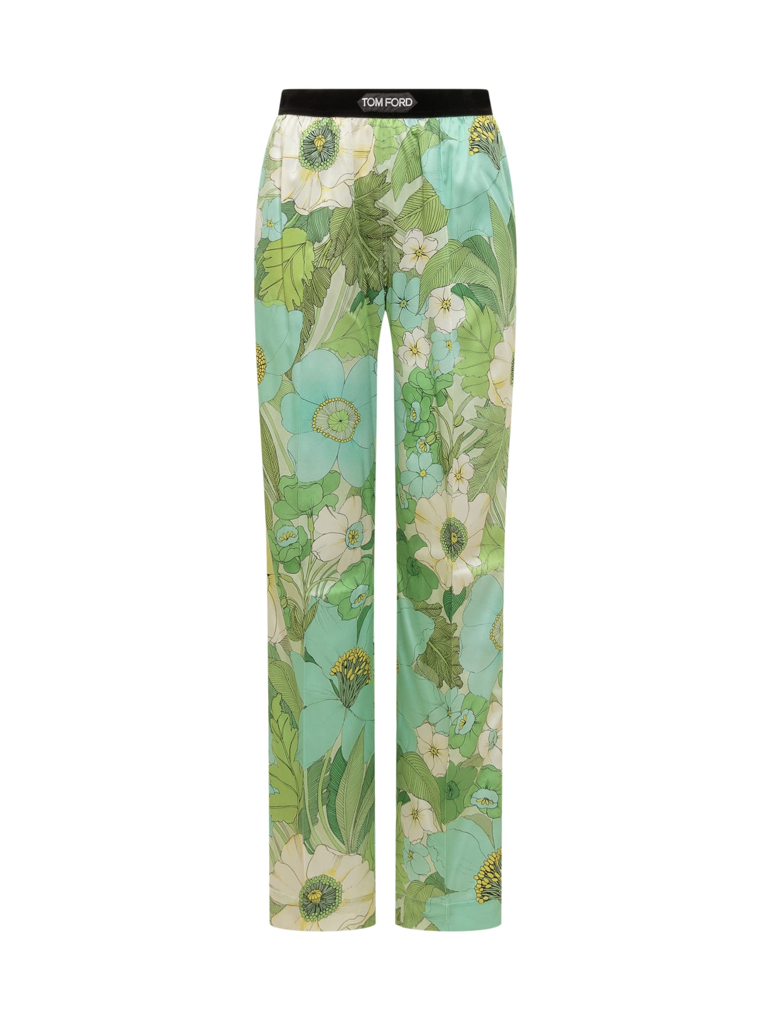 Shop Tom Ford Pants With Floral Decoration In Zaqgr Aqua/pale Green
