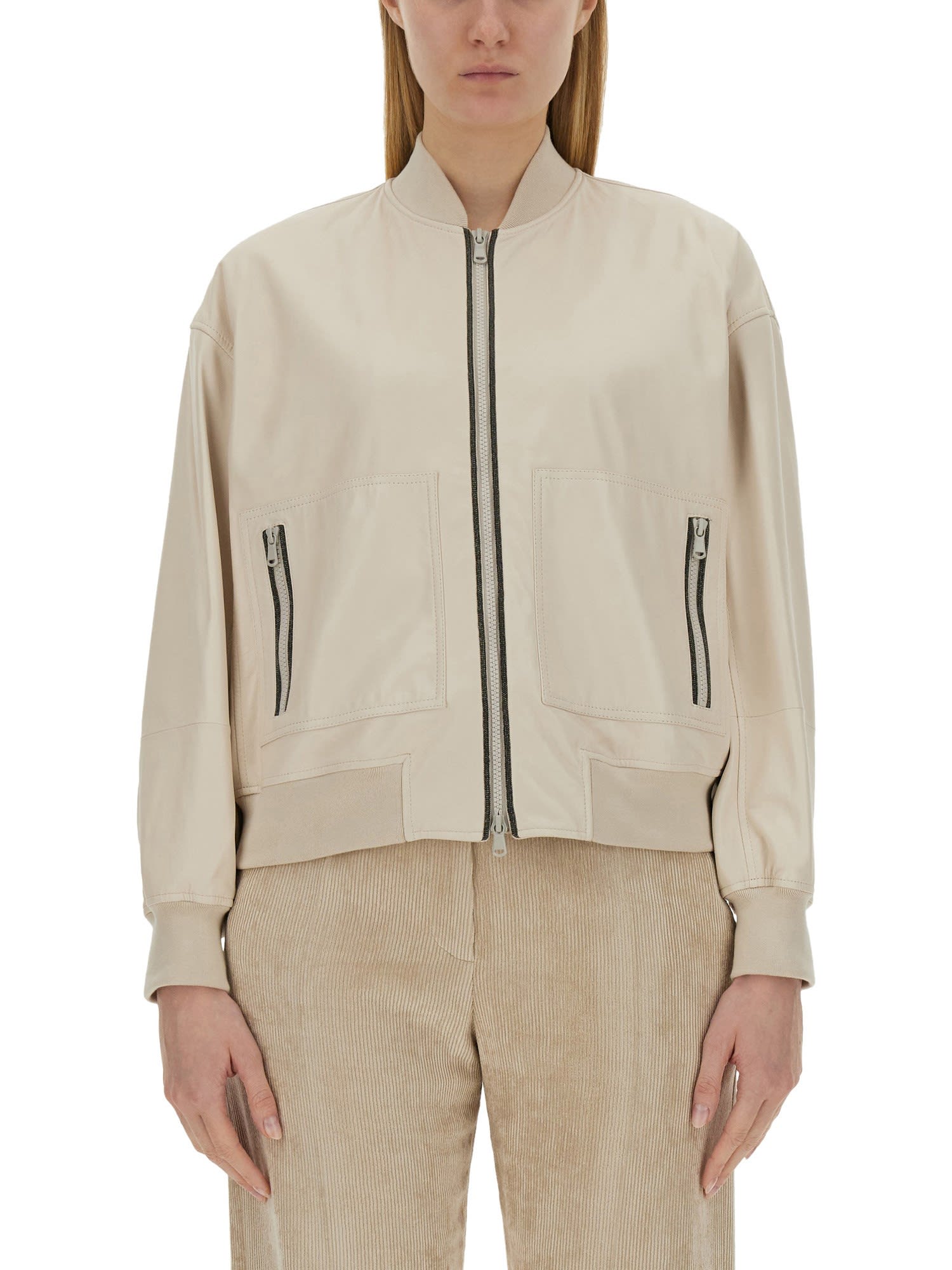 Shop Brunello Cucinelli Leather Bomber Jacket In Avorio