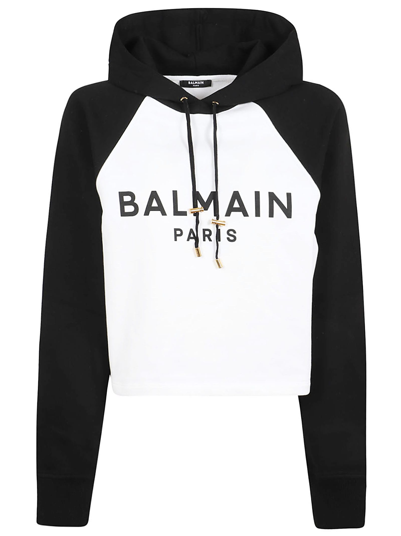 Shop Balmain Print Raglan Cropped Hoodie In Gab Blanc Noir