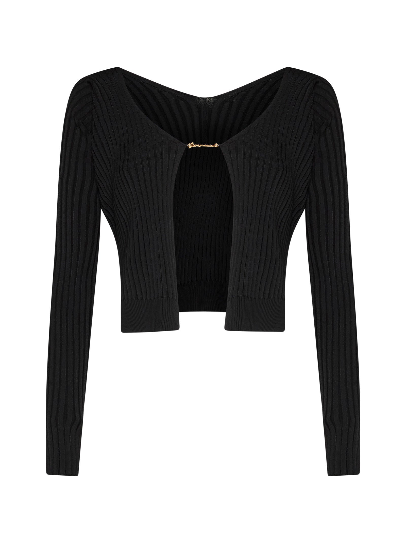 Shop Jacquemus La Maille Pralu Longue Black Ribbed Cardigan With Logo Charm Woman