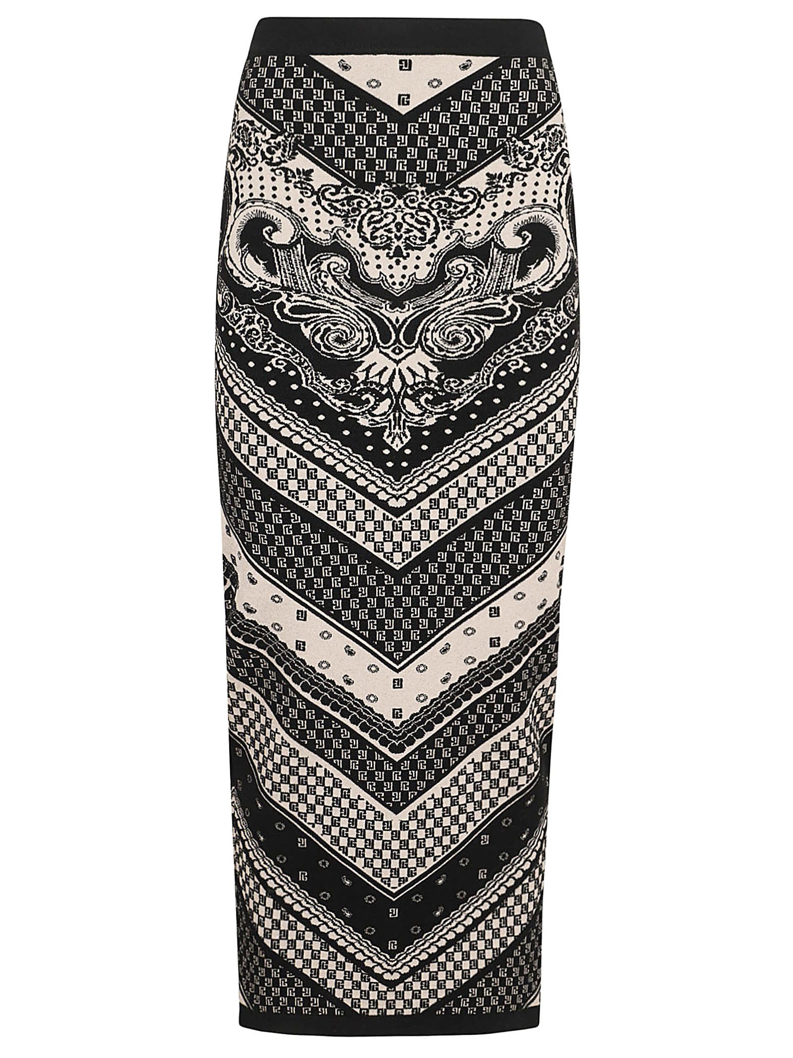 Shop Balmain Paisley &amp; Monogram Knit Midi Skirt In Gfe Ivoire Noir