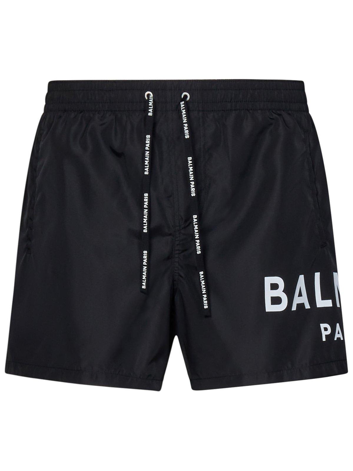 Shop Balmain Logo Printed Drawstring Swim Shorts In Black