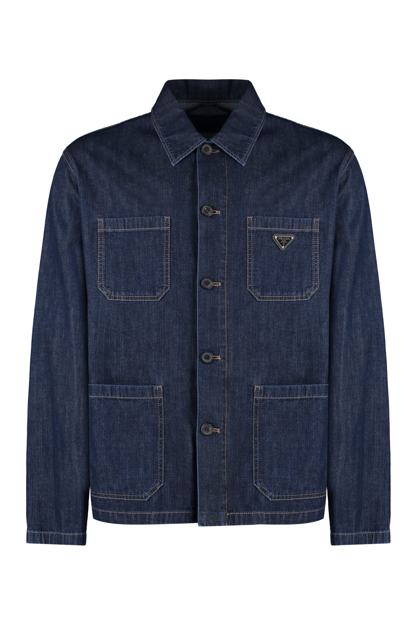 Shop Prada Logo Detail Denim Shirt In Blu