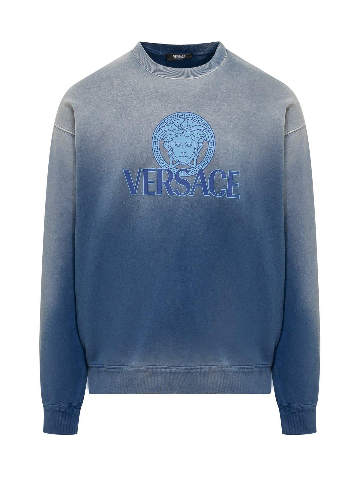 Shop Versace Logo-printed Gradient Crewneck Sweatshirt In Clear Blue