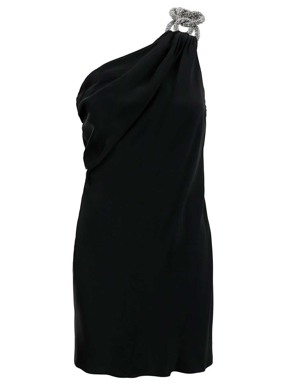 Shop Stella Mccartney One-shoulder Mini Dress With Crystal Chain In Double Satin In Black