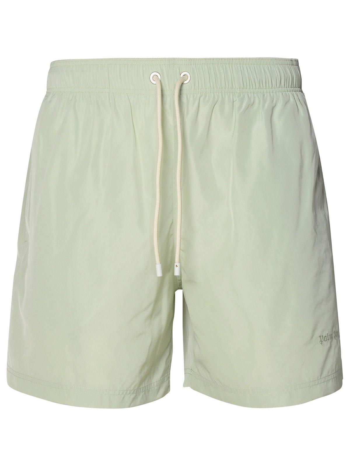 Shop Palm Angels Logo Embroidered Drawstring Swim Shorts In Mint