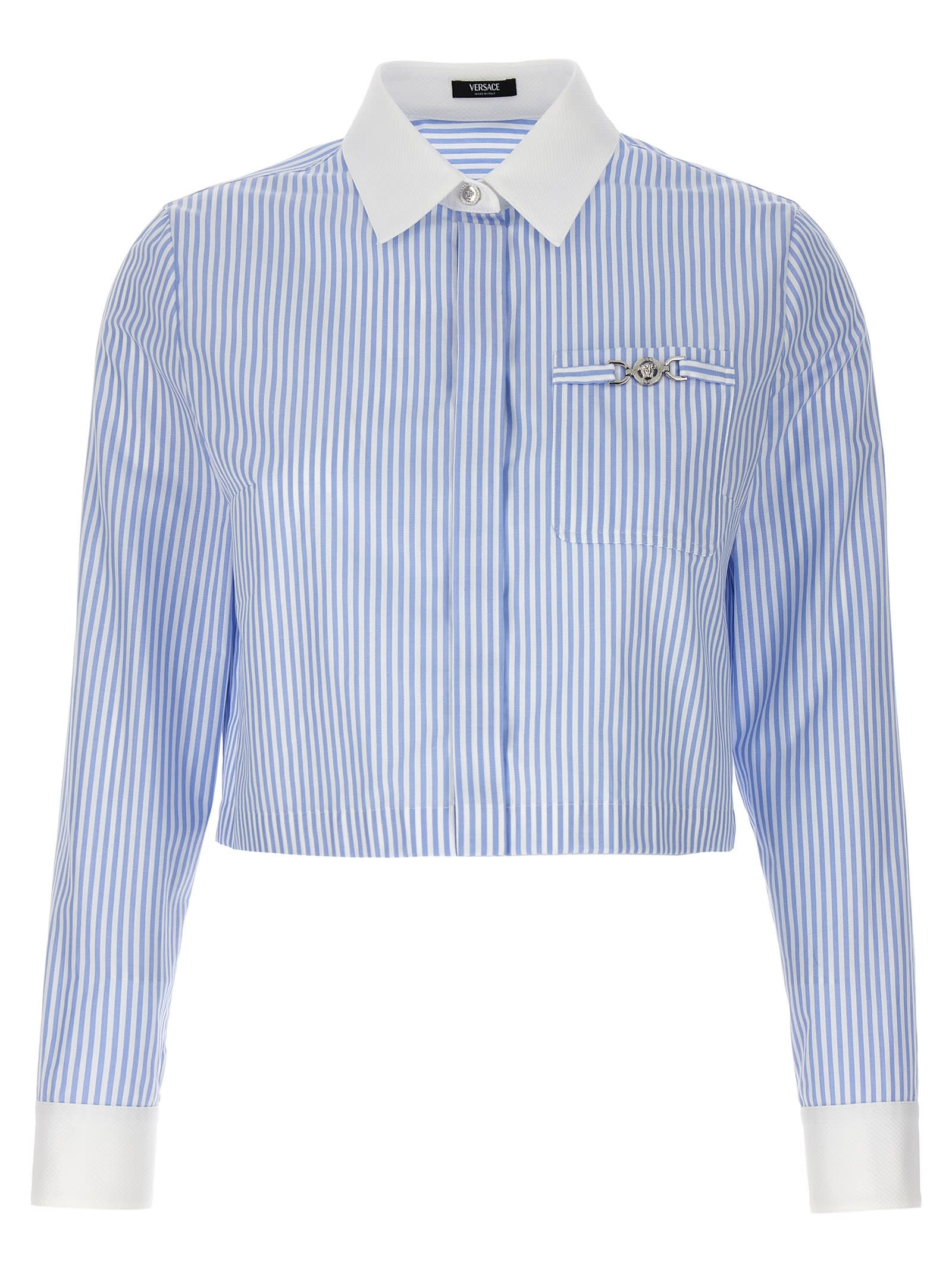 Shop Versace Striped Cropped Shirt In Celeste E Bianco