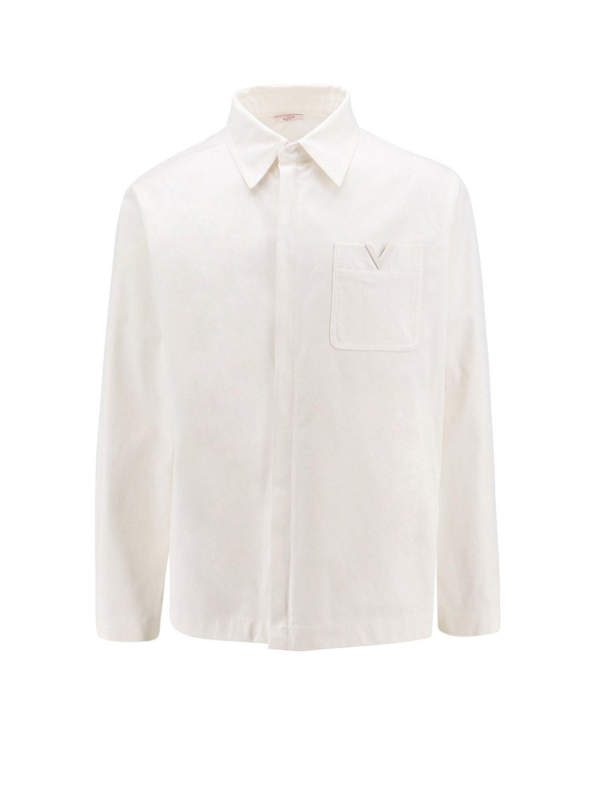 Shop Valentino Logo Plaque Long-sleeved Shirt Jacket In White