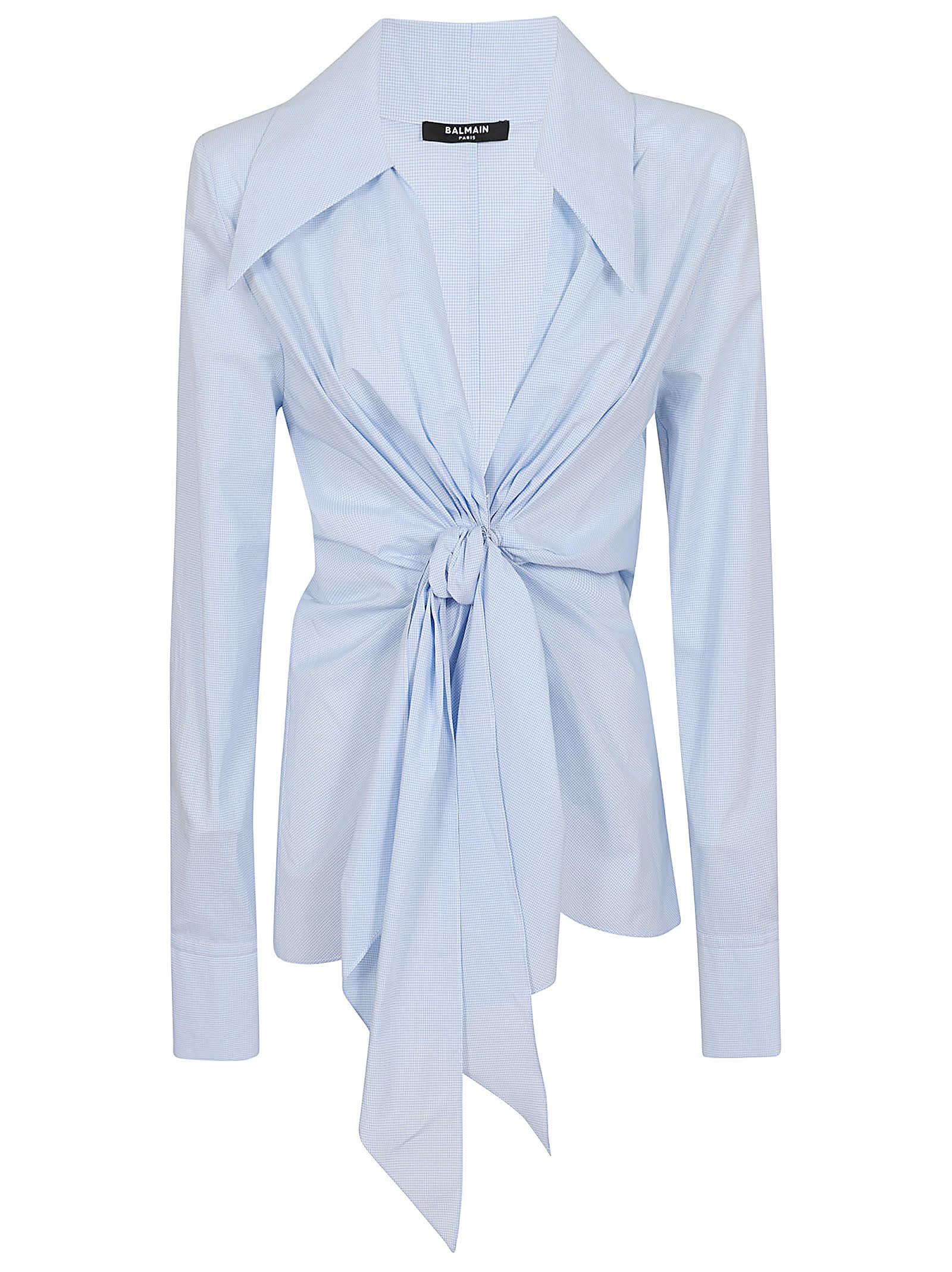 Shop Balmain Mini Vichy Popeline Knotted Shirt In Slj Bleu Pale Blanc