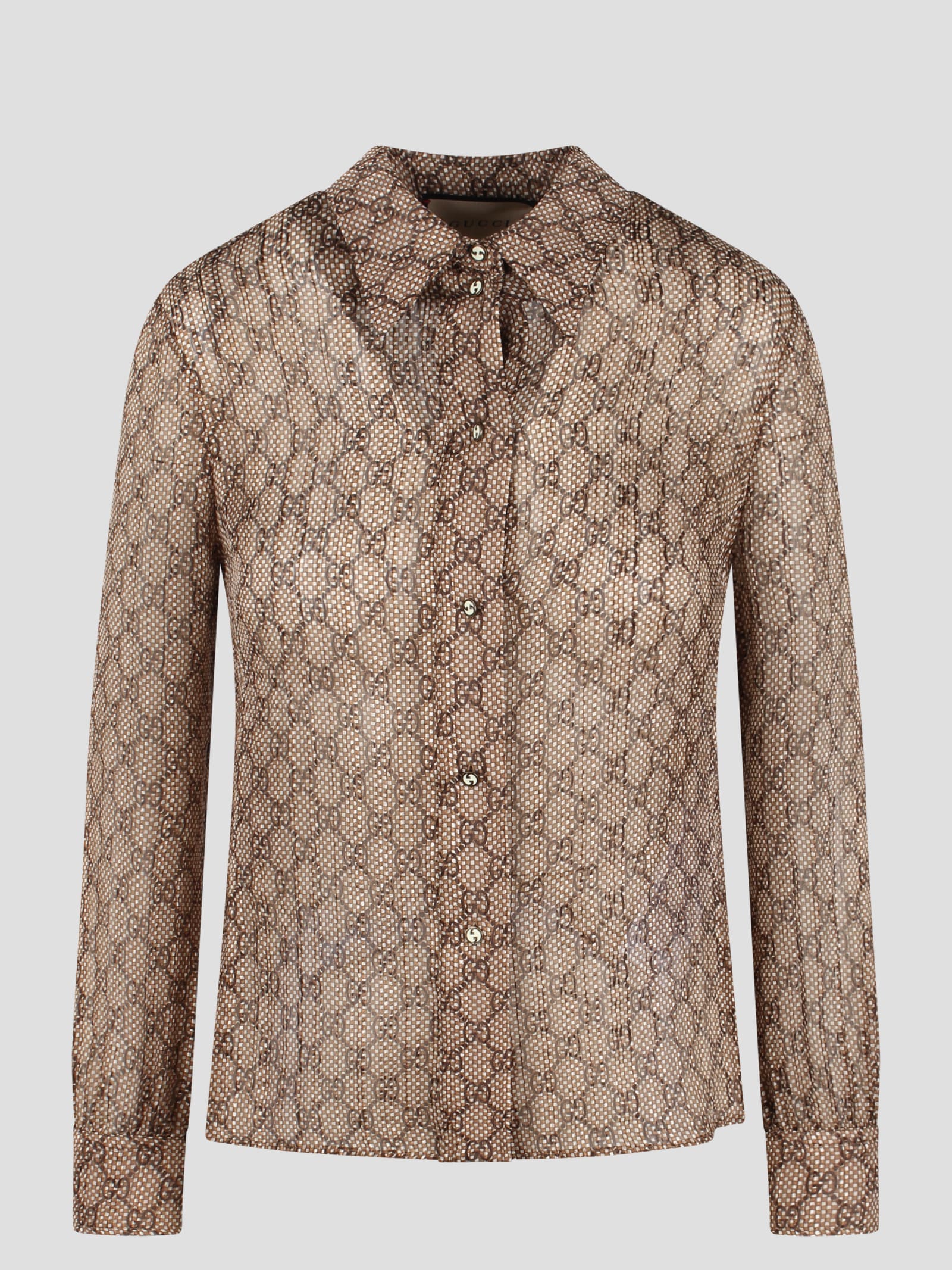 Shop Gucci Gg Damier Print Silk Shirt In Brown