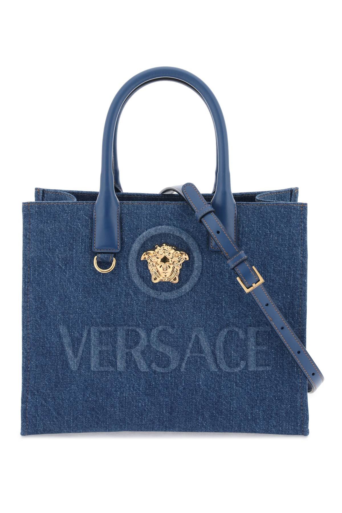 Shop Versace Small Denim La Medusa Tote Bag In Navy Blue  Gold (blue)