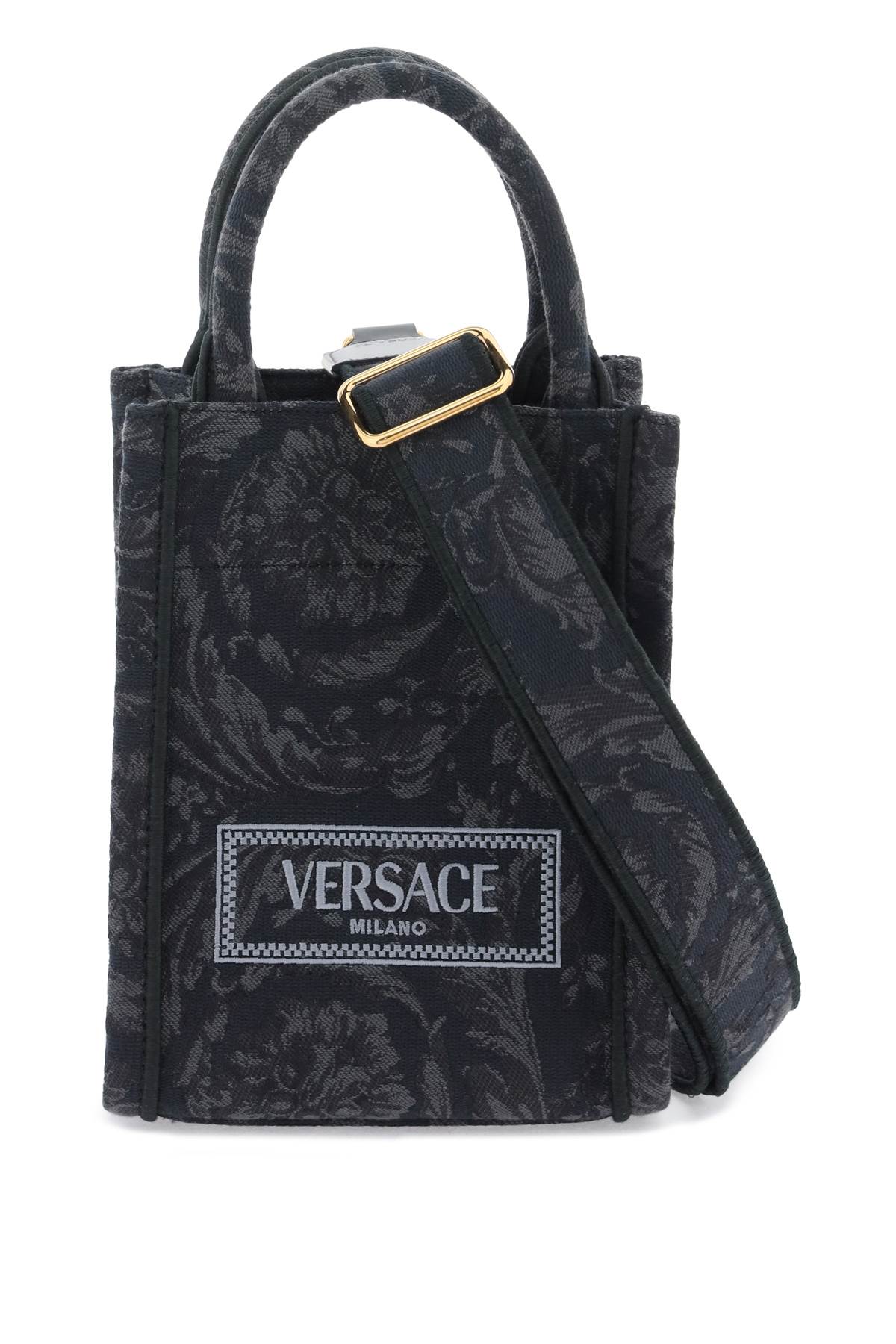 Shop Versace Athena Barocco Mini Tote Bag In Black Black  Gold (black)