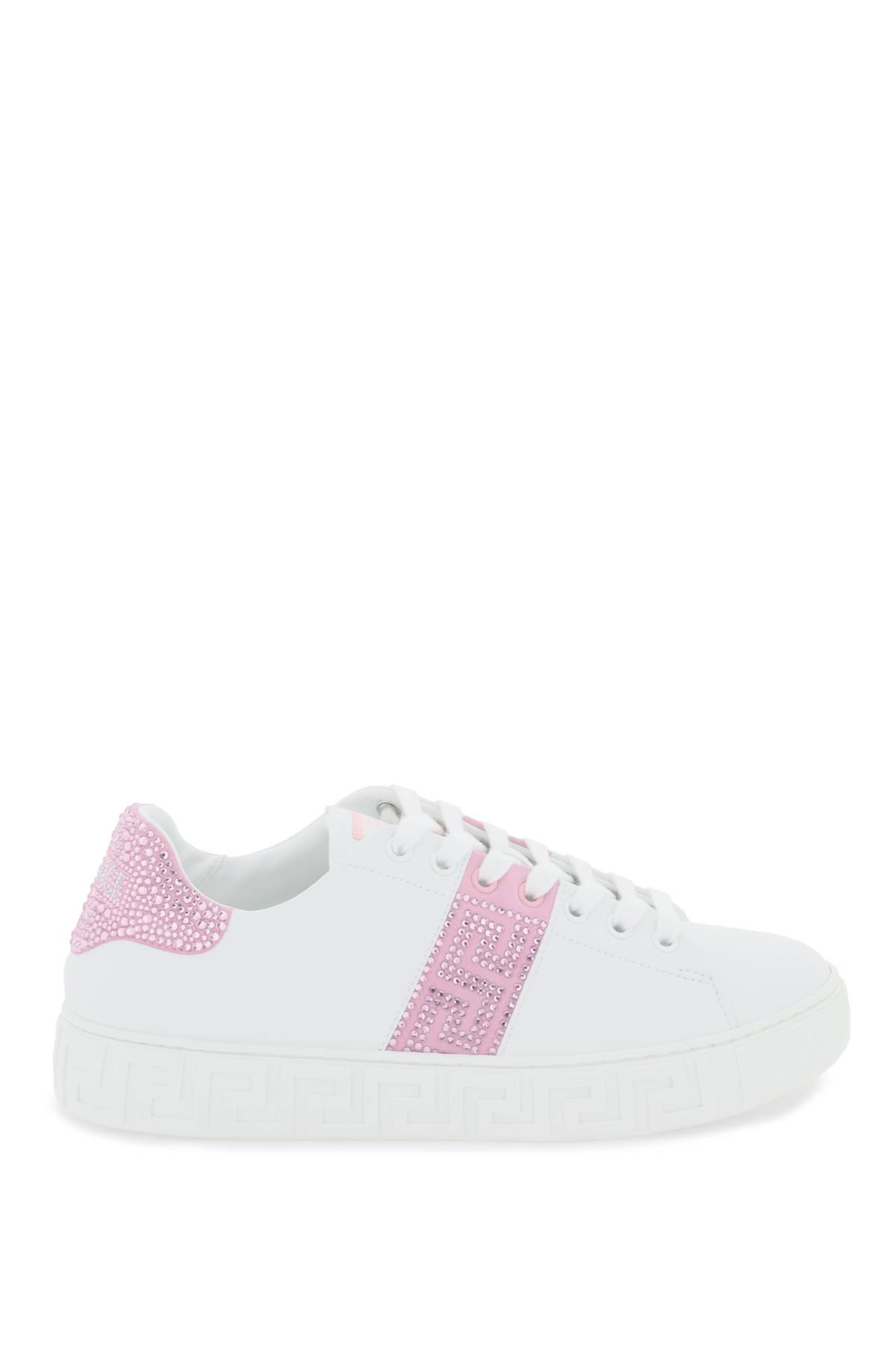 Shop Versace Greca Sneakers With Crystals In White Pale Pink (white)