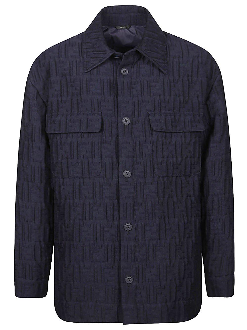 Shop Fendi Monogrammed Collared Long-sleeve Shirt In Lq Blu Notte