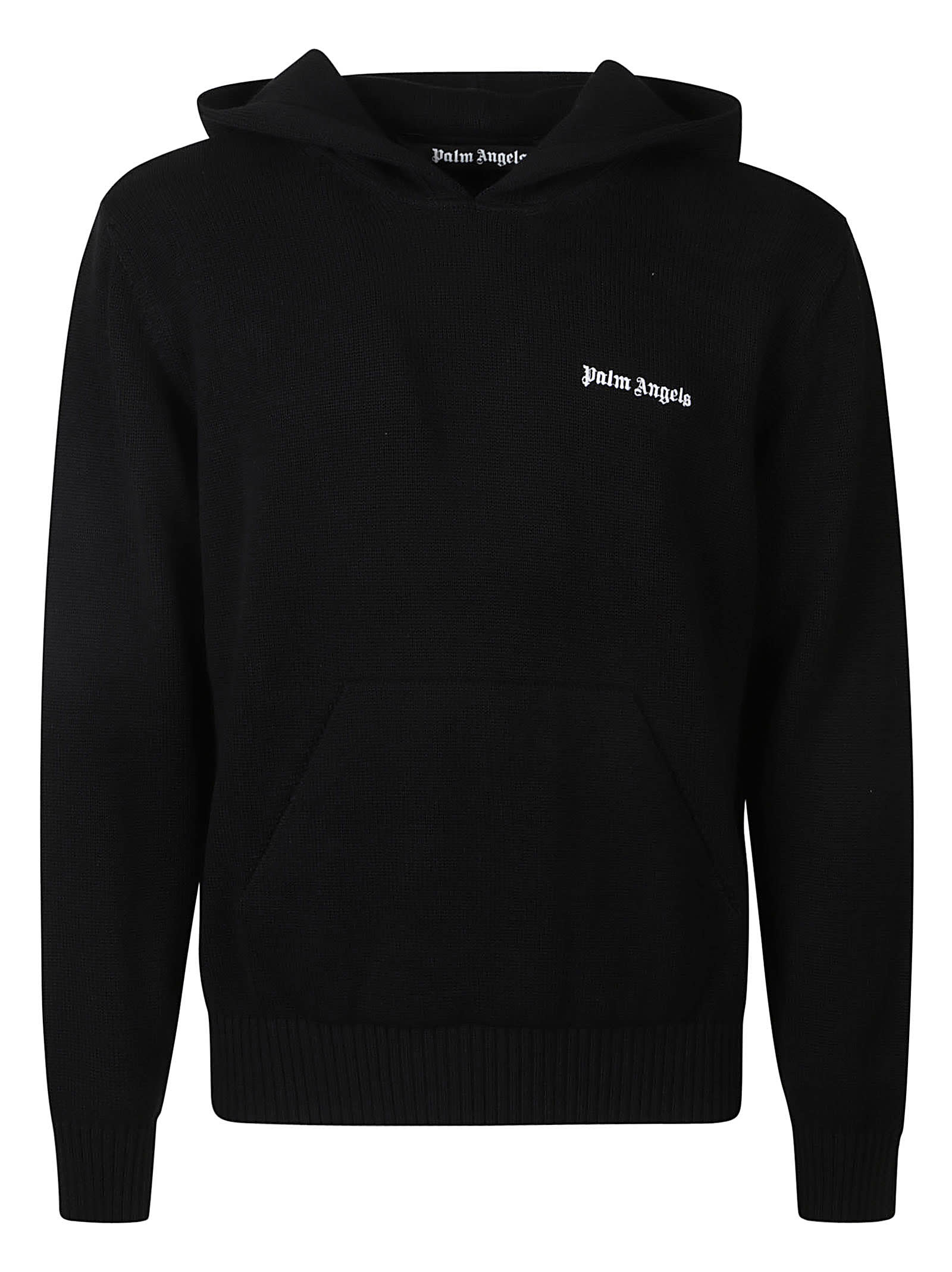 Shop Palm Angels Classic Logo Knit Hoodie In Black/off White