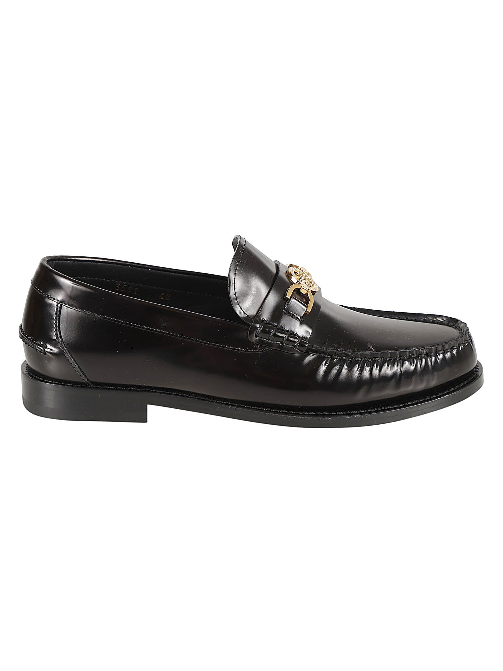 Shop Versace Medusa Pin Embellished Loafers In Black/ Gold