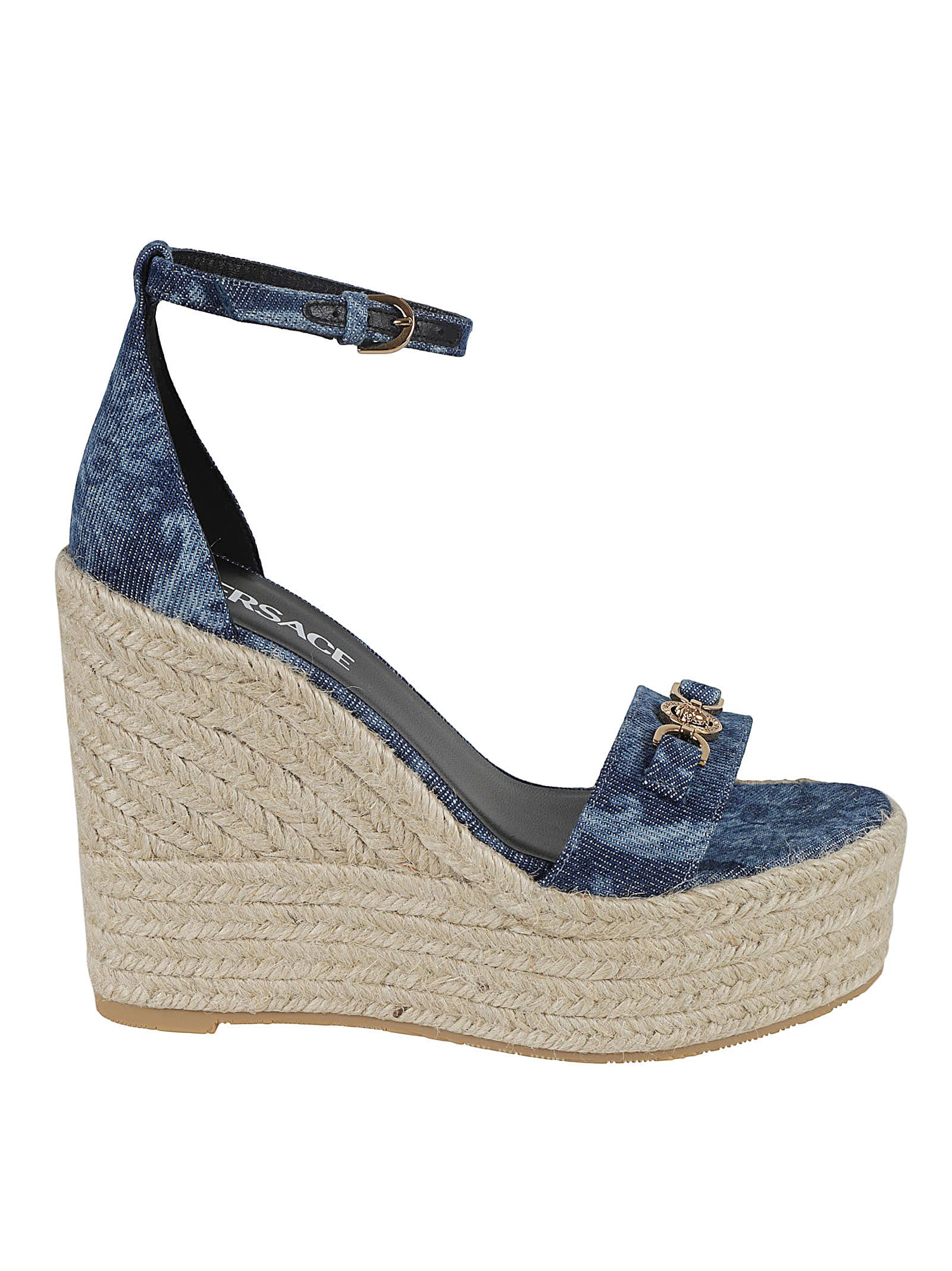 Shop Versace Buckled Ankle Strap Wedge Sandals In Blue