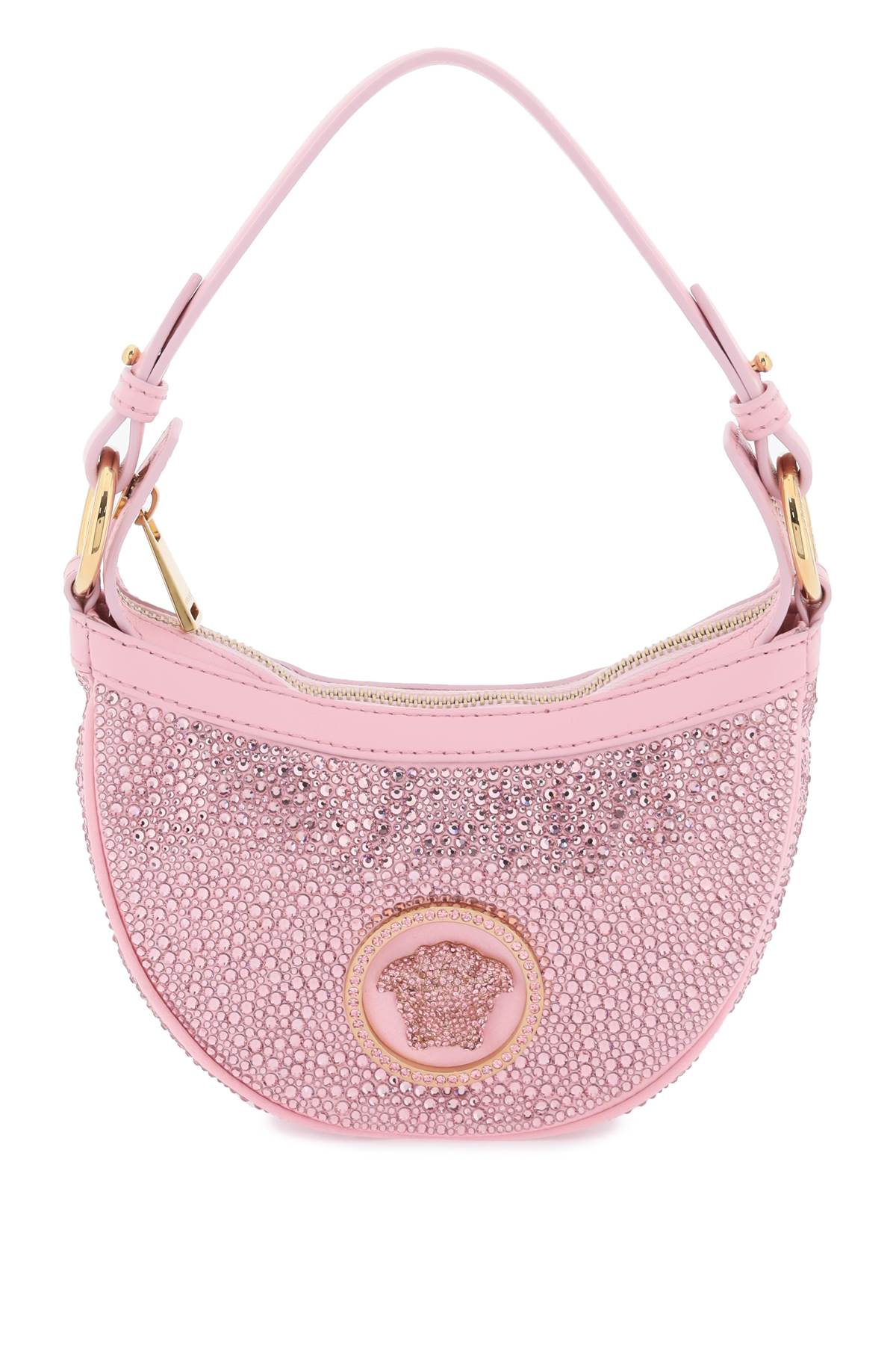 Shop Versace Repeat Mini Hobo Bag With Crystals In Pale Pink  Gold (pink)
