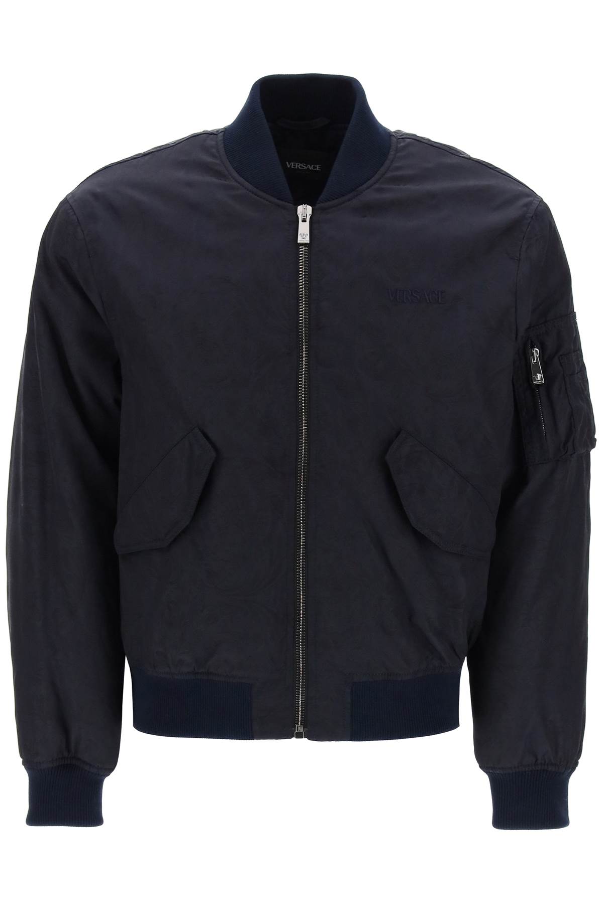 Shop Versace Barocco Bomber Jacket In Navy Blue (blue)