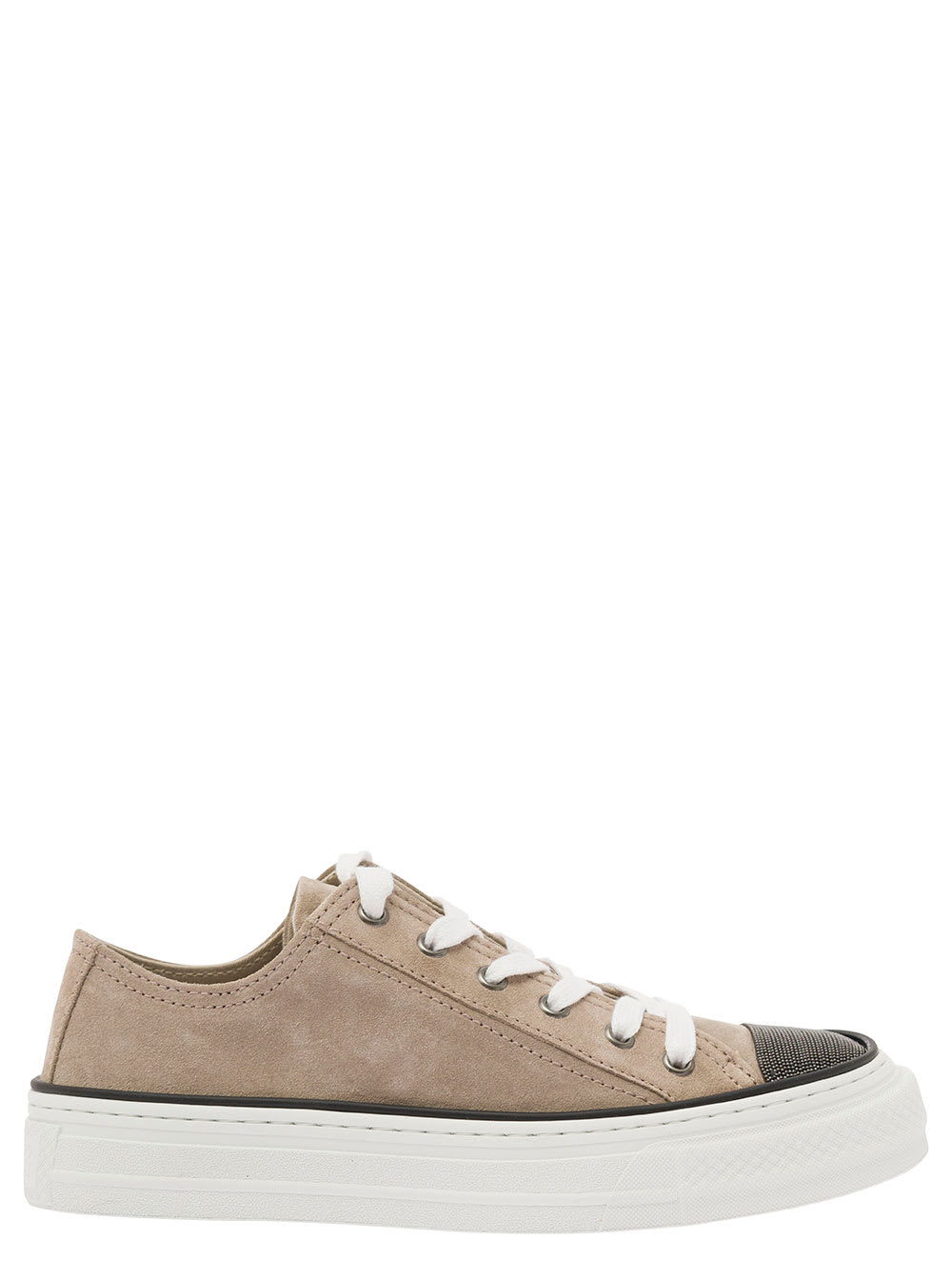 Shop Brunello Cucinelli Beige Low Top Sneakers With Monile Embellishment In Suede Woman