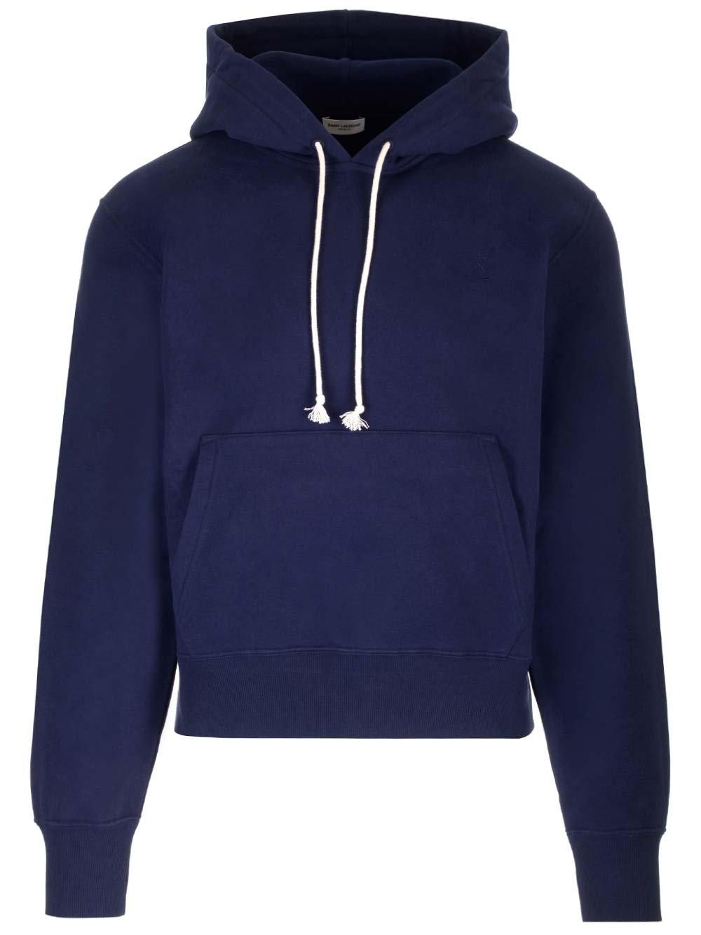 Shop Saint Laurent Cassandre Drawstring Hoodie In Marine