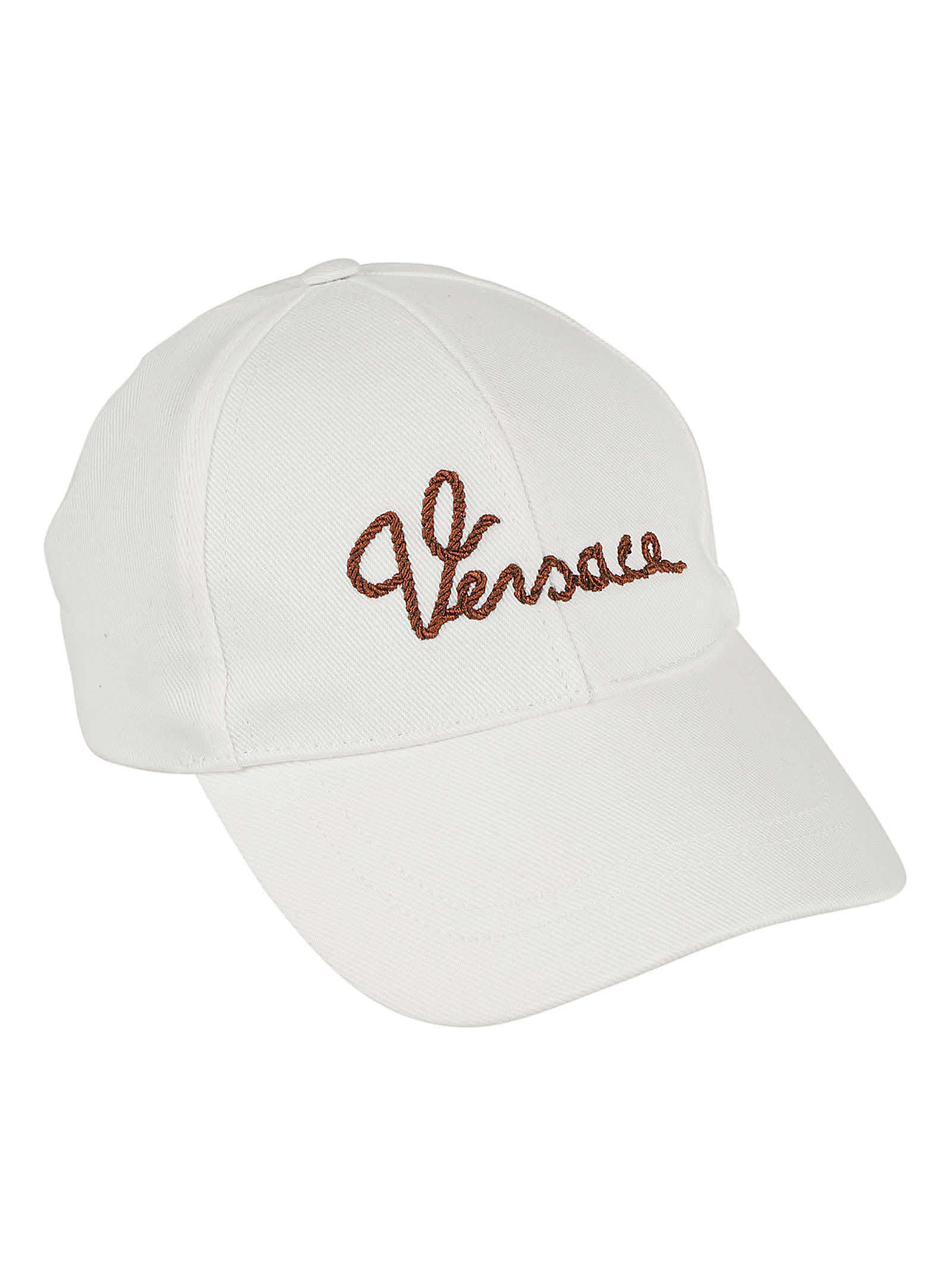 Shop Versace Logo Embroidered Baseball Cap In White/tabacco