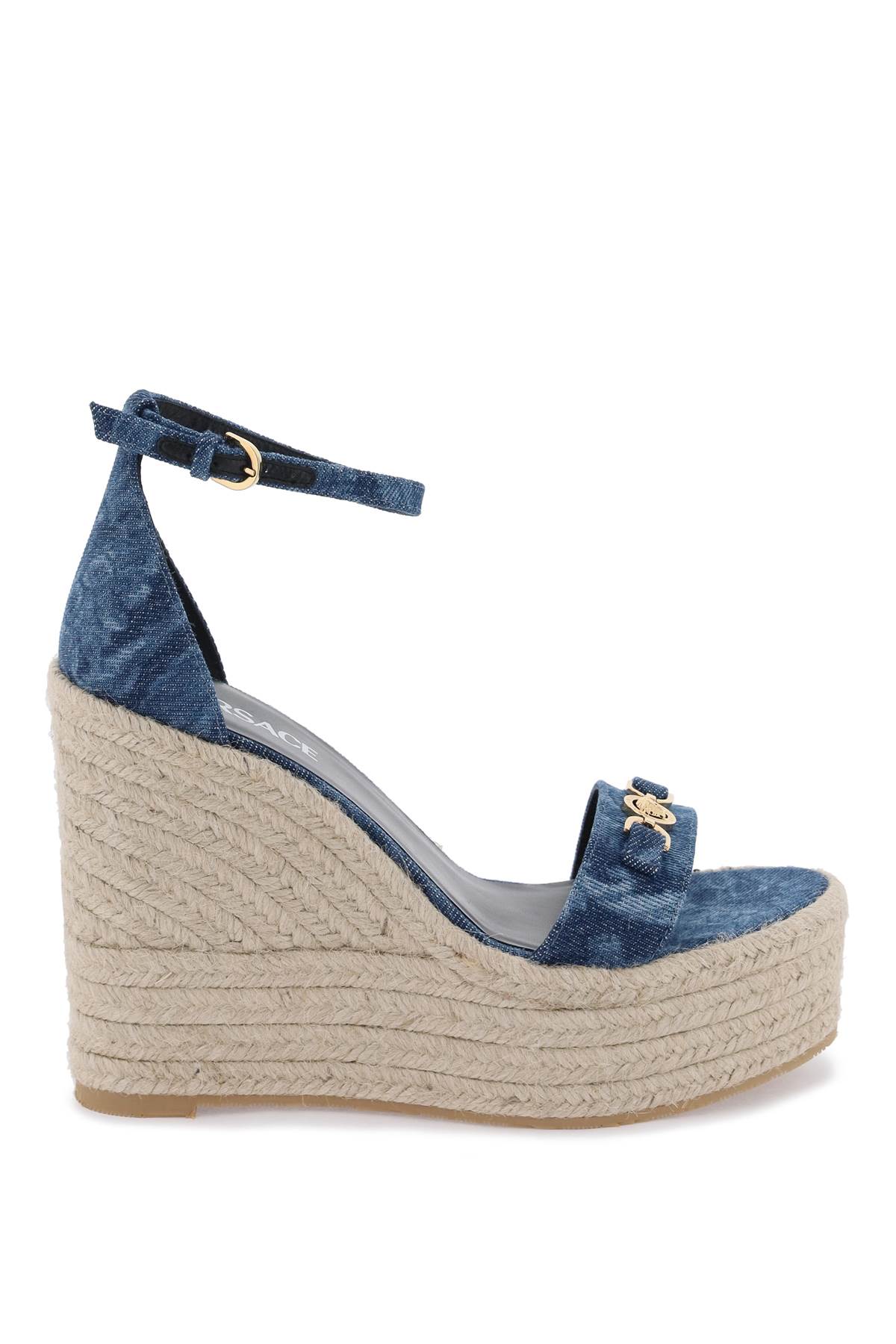 Shop Versace Denim Barocco Wedge Sandals In Blue  Gold (blue)