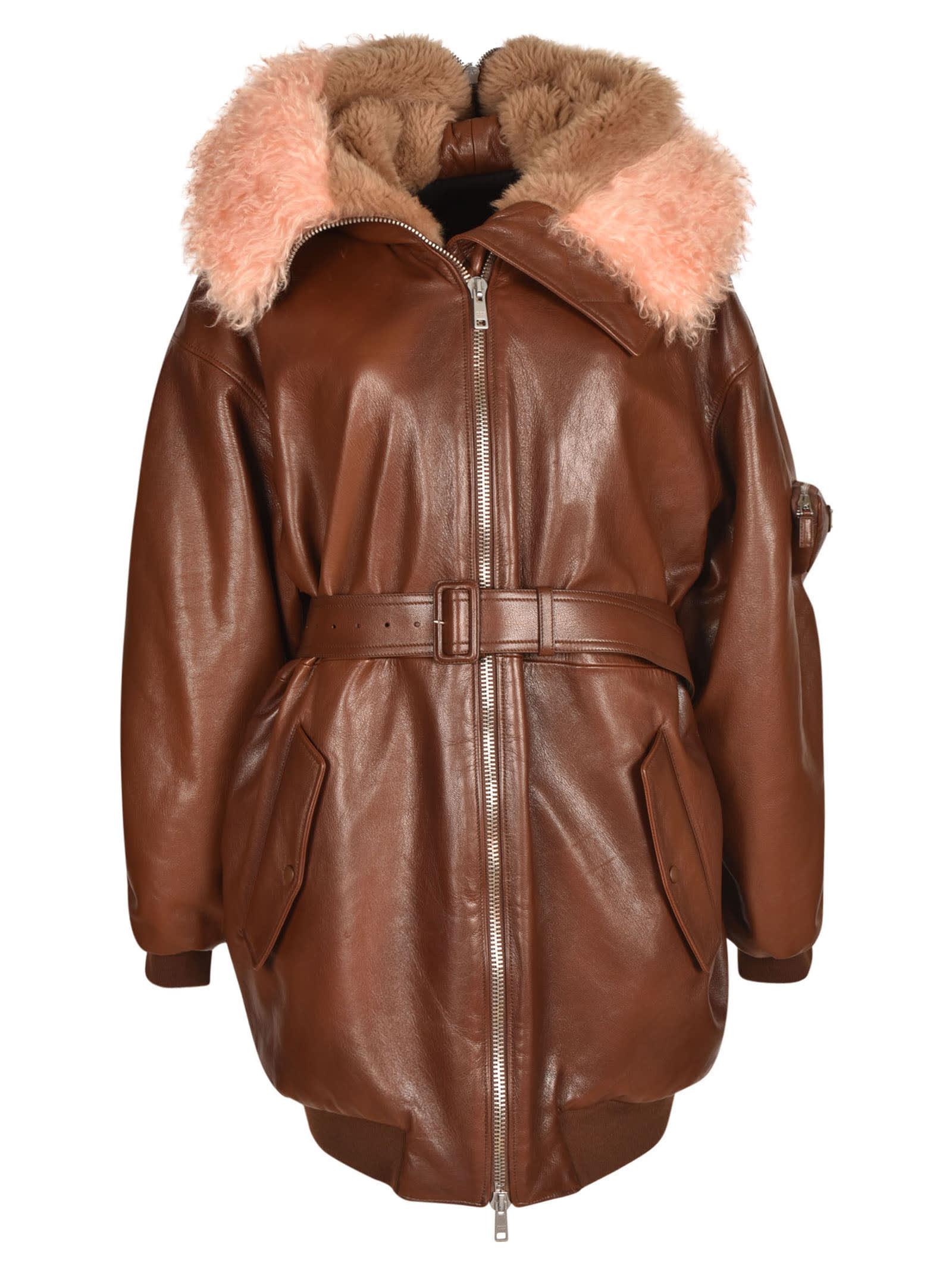 PRADA PRADA FURRED HOOD ZIP BELTED COAT