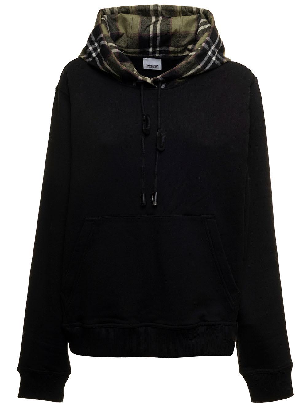 BURBERRY BLACK POULTER COTTON HOODIE WITH VINTAGE CHECK PRINT BURBERRY WOMAN