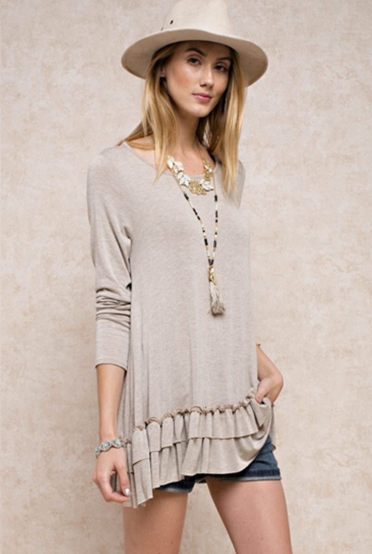 EASEL 'Far & Away' Taupe/Grey Long Sleeve Ruffle Top – Social Butterfly ...