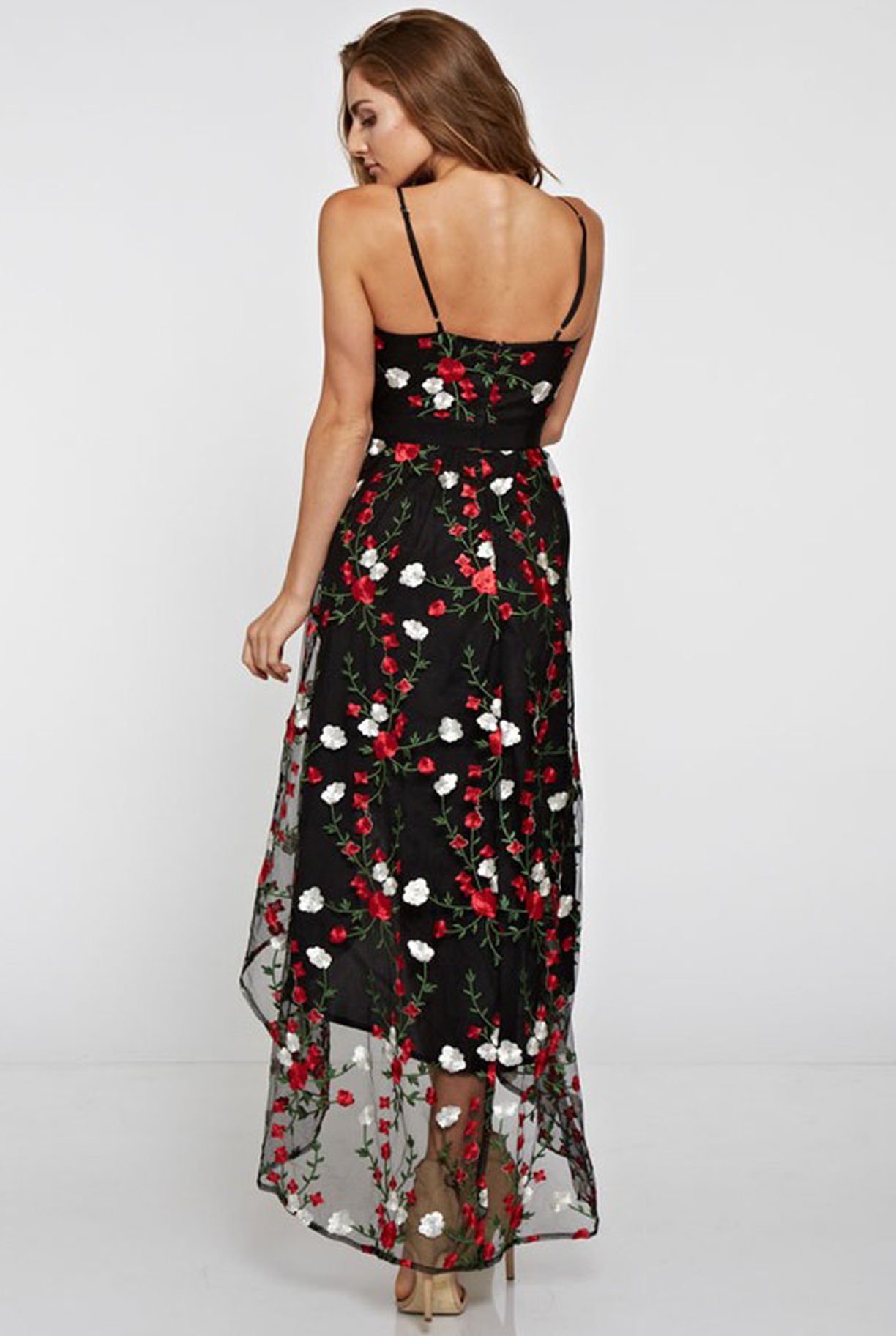 Women's Pretty 'Coming Up Roses' Black Floral Hi Lo Midi Cocktail Dress ...