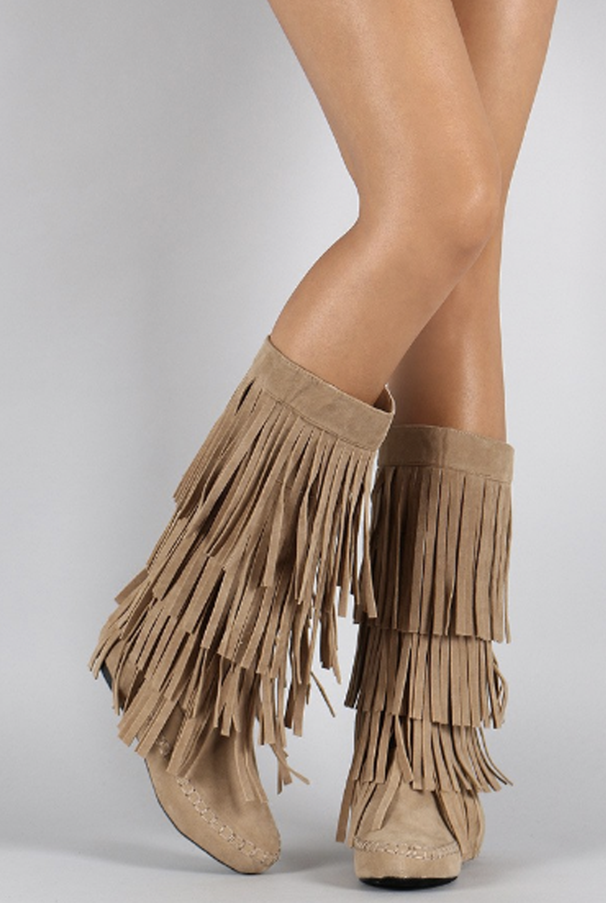 'Alsoomse' Women's Taupe Colored Mid Calf 4-Layer Fringe Boots – Social ...