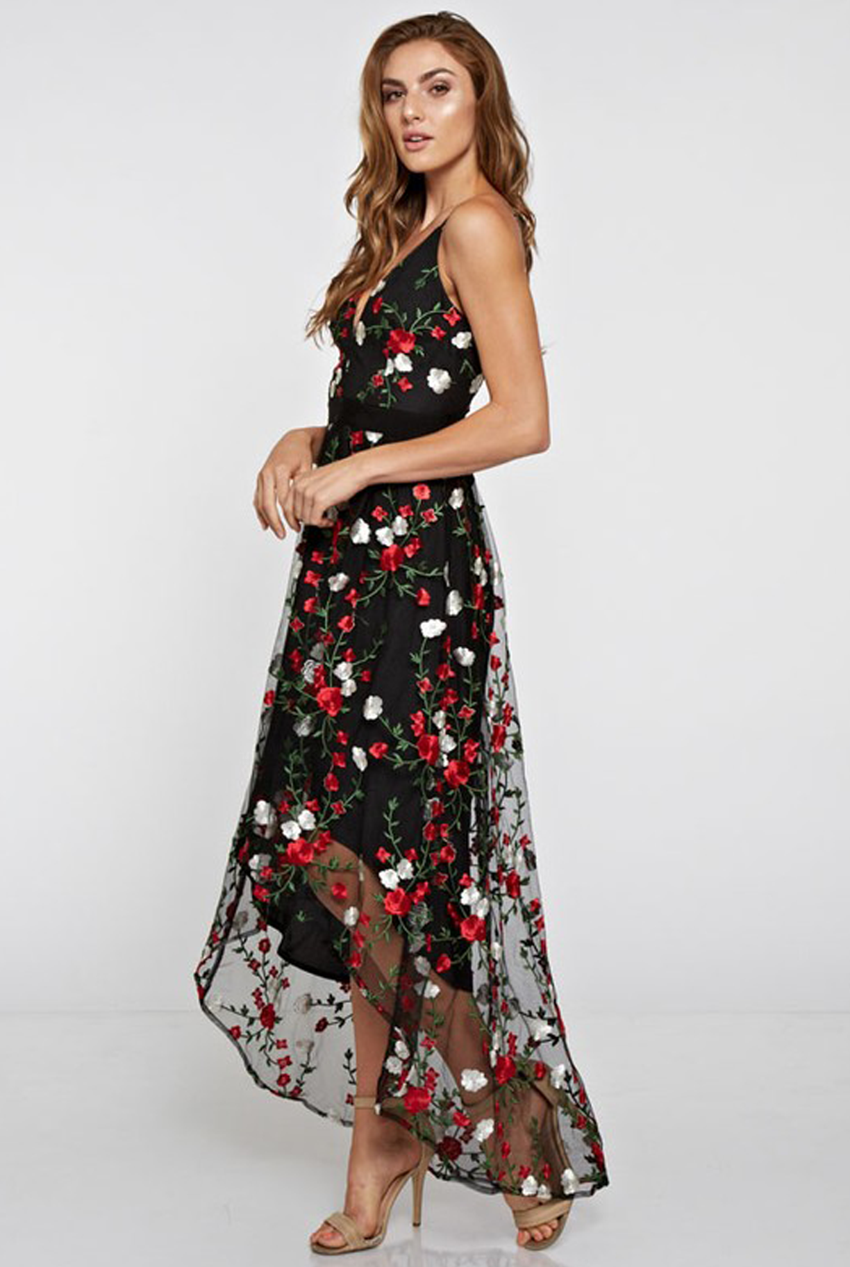 Women's Pretty 'Coming Up Roses' Black Floral Hi Lo Midi Cocktail Dress ...