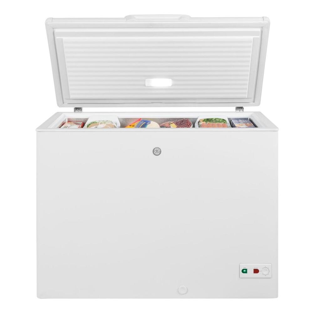 GE FCM11SRWW 44 inch Chest Freezer with 10.7 Cu. Ft. Capacity, Two Plastic Lift-Out, Sliding Baskets, Exterior Power "On" Light, Adjustable Temperature Control, LED Interior Lighting, in White