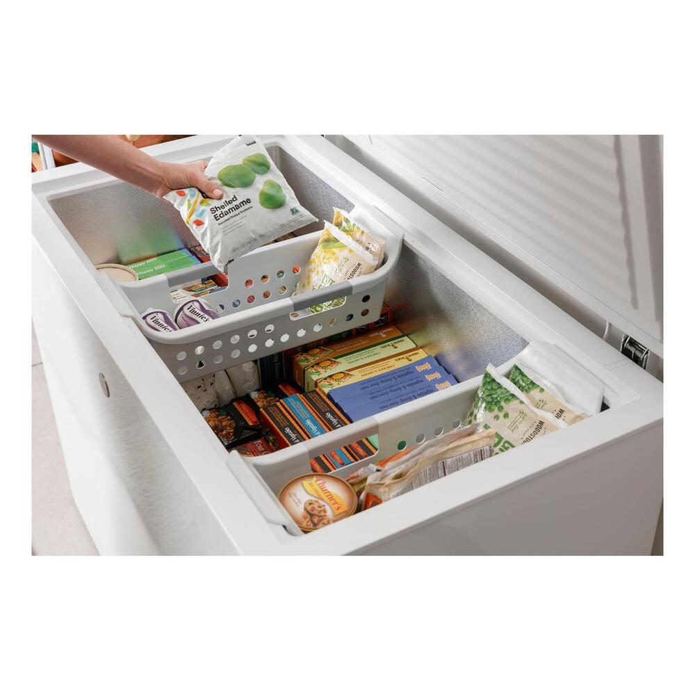 GE FCM11SRWW 44 inch Chest Freezer with 10.7 Cu. Ft. Capacity, Two Plastic Lift-Out, Sliding Baskets, Exterior Power "On" Light, Adjustable Temperature Control, LED Interior Lighting, in White