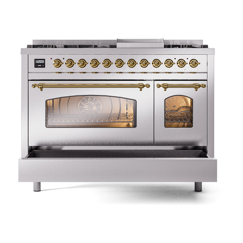 ILVE_UP48FNMPSSGLP_Nostalgie_II_48"_Dual_Fuel_Range_drawer_opened