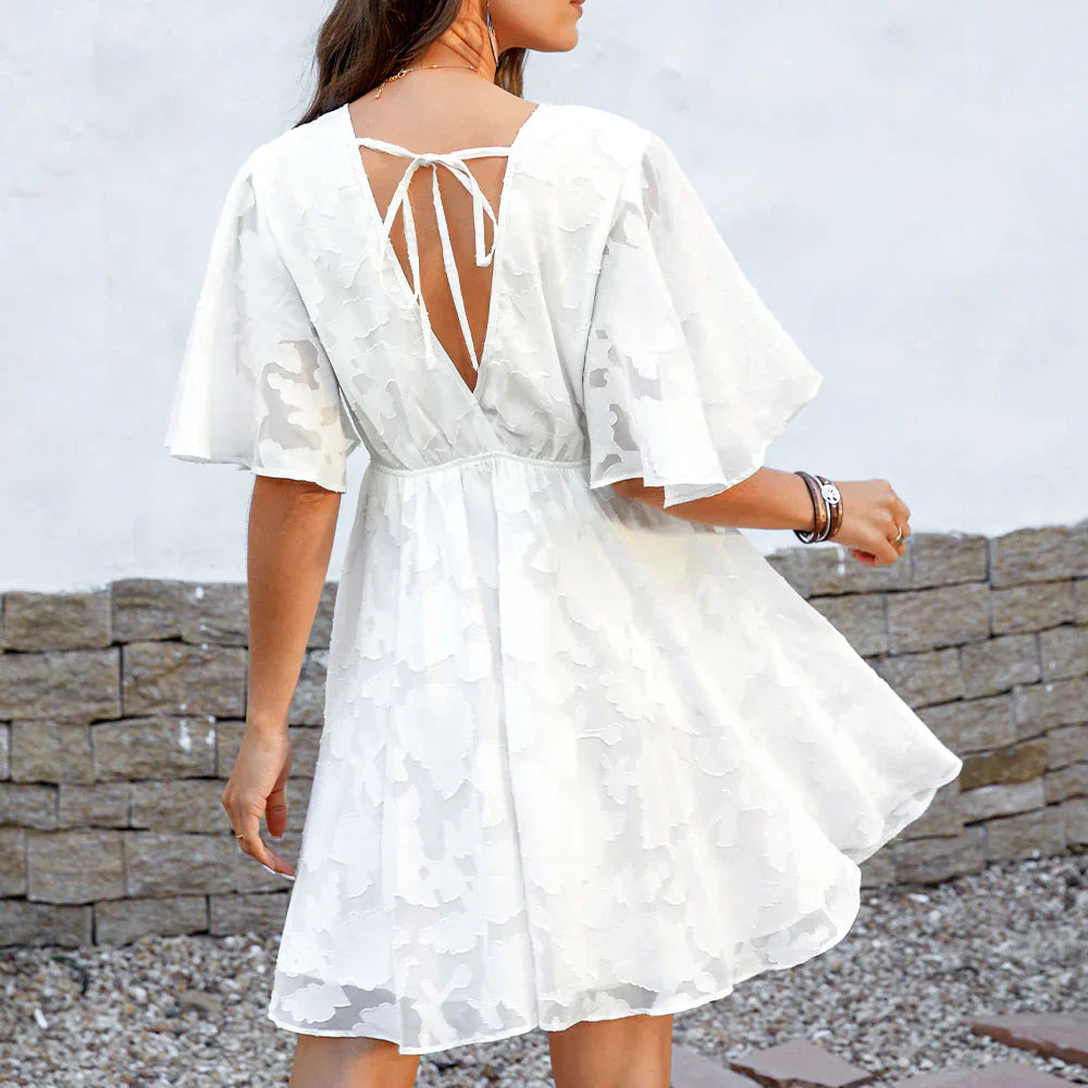 Floral Chiffon V-Neck Ruffled Short Sleeve A-Line Mini Dress - Image 3