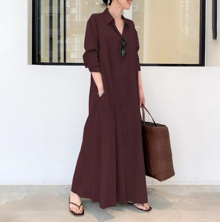 Casual Solid Color Lapel Long Sleeve Pocket Shirt Dress - Image 12