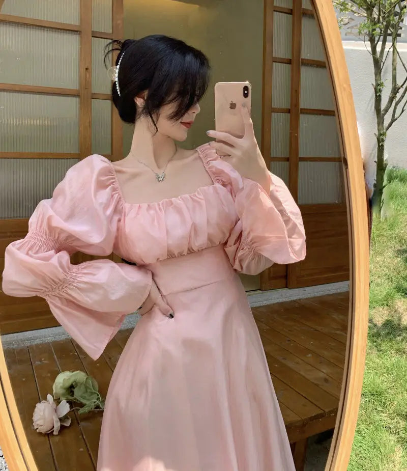 Elegant Pink Puff Sleeve Chiffon Dress for Women - Image 30