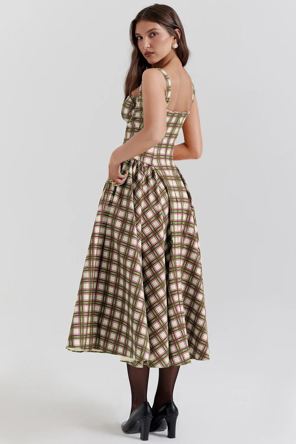 Elegant A-line Plaid Midi Dress with Spaghetti Straps - Image 30