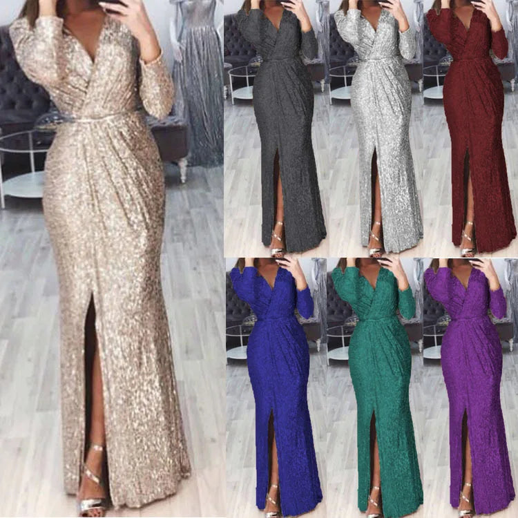 Elegant V-Neck Sequin Maxi Dress with High Split - Image 4