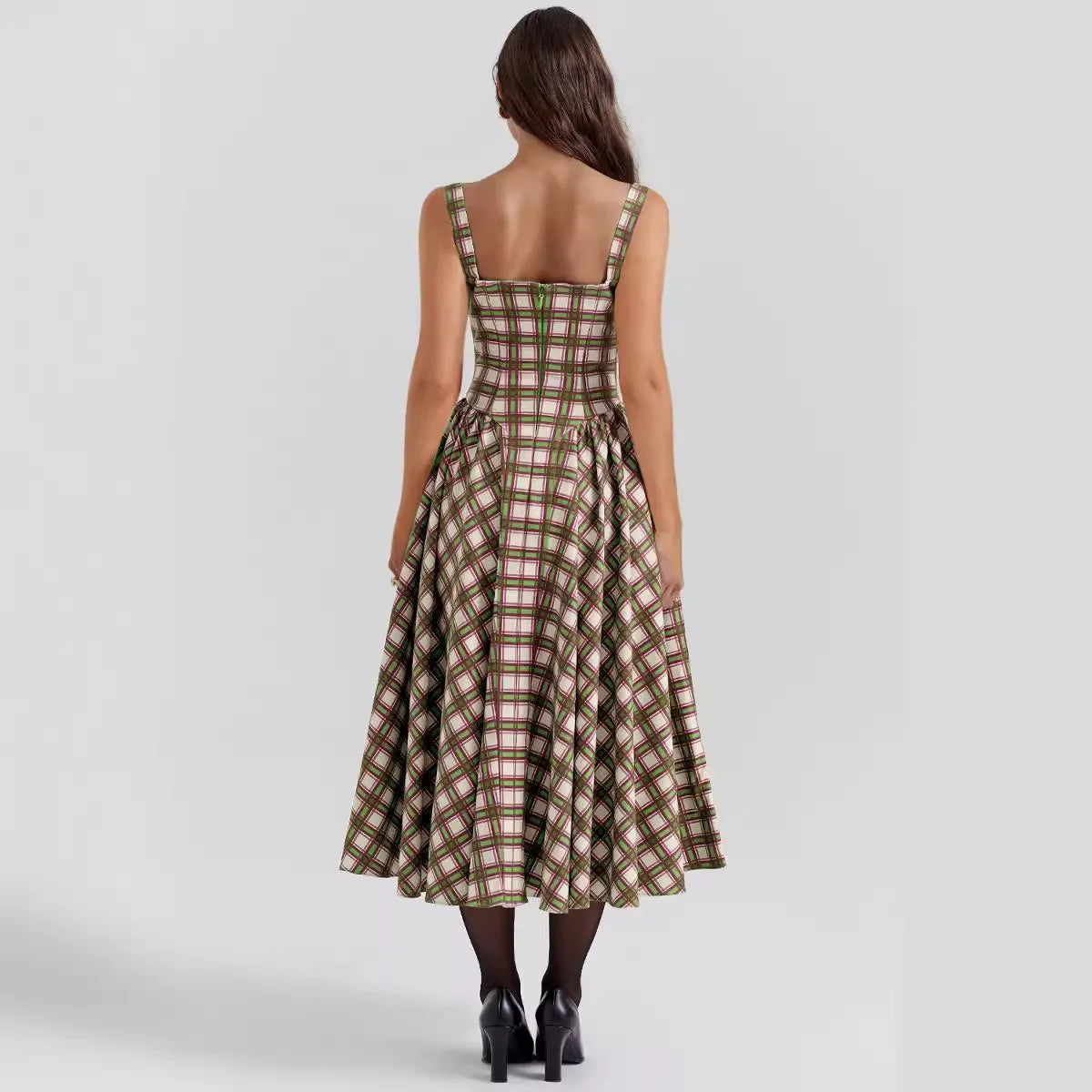 Elegant A-line Plaid Midi Dress with Spaghetti Straps - Image 4