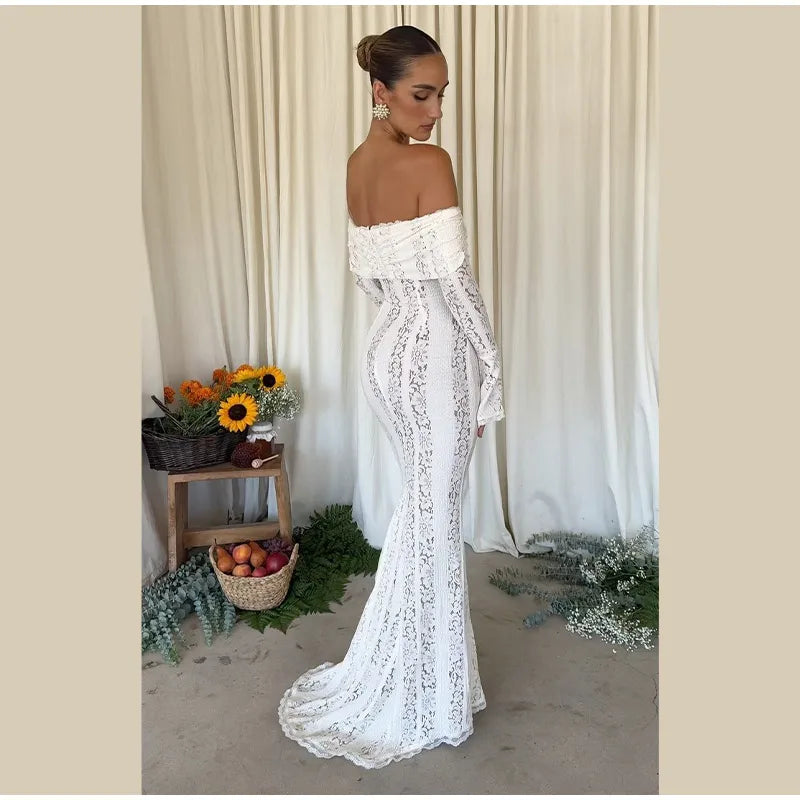 Elegant White Floral Lace Off-Shoulder Maxi Dress for Women - Image 34