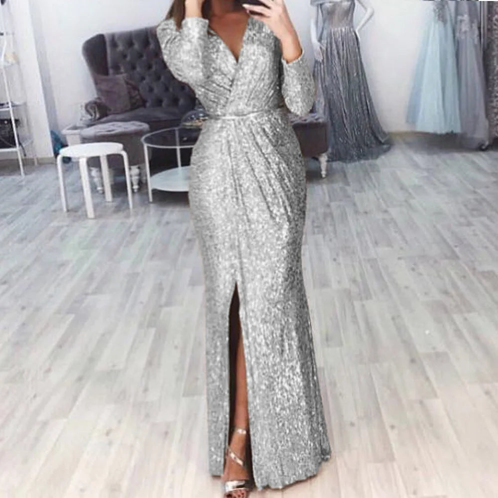 Elegant V-Neck Sequin Maxi Dress with High Split - Image 8