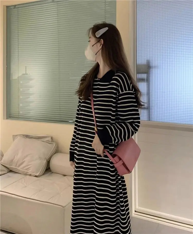 Women's Black Striped Polo Collar Midi Dress - Casual & Flattering - Image 18