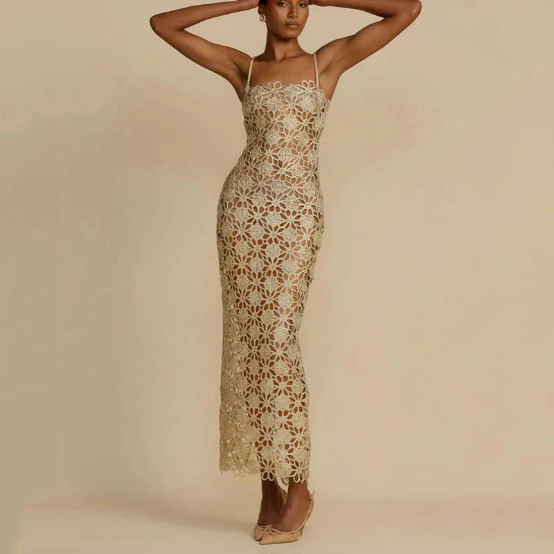 Stylish Hollow Out French Lace Halter Dress for Parties - Image 4