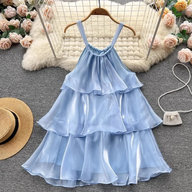 Sweet Organza Mesh Halter Ruffle Camisole Dress for Women