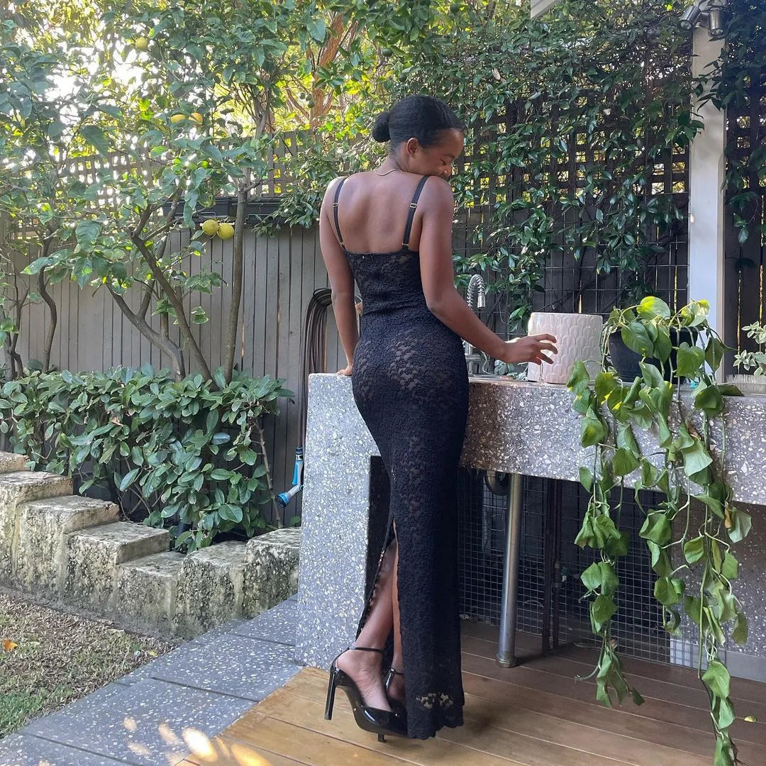 Elegant Black Lace Maxi Dress with Spaghetti Straps - Image 26