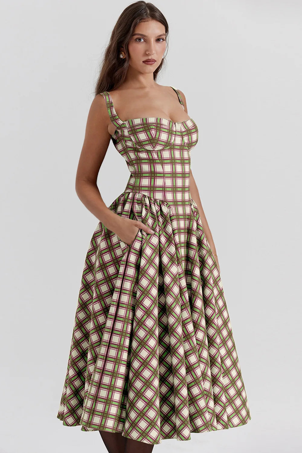 Elegant A-line Plaid Midi Dress with Spaghetti Straps - Image 32